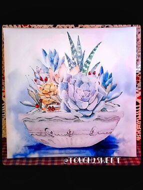 BEAUTIFUL WATERCOLOR OF A BOWL OF MIXED SUCCULANTS FRAMED ON CANVAS FRAME